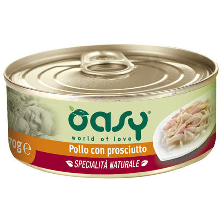 OASY GATTO SPECIALITA' NATURALI IN LATTINA ADULTO POLLO & PROSCIUTTO 70 GR