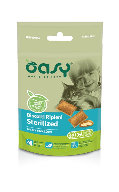 OASY GATTO SNACK BISCOTTI RIPIENI ADULTO STERILIZZATO POLLO 60 GR