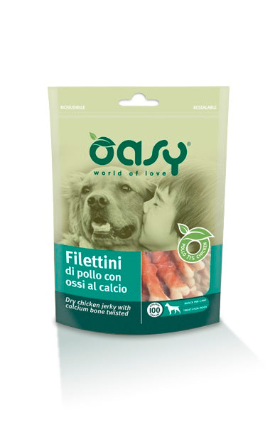 OASY CANE SNACK BUSTA FILETTINI DI POLLO CON OSSI AL CALCIO 100 GR