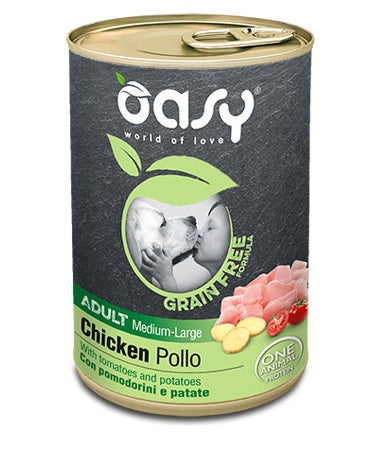 Oasy Cane Grain Free Adulto Medium & Large Tocchetti di Pollo, Pomodorini & Patate 400 g