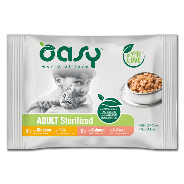 OASY GATTO BOCCONCINI MULTIPACK ADULTO STERILIZZATO POLLO+SALMONE CF. (4x85) GR