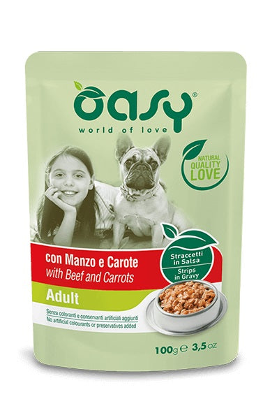 OASY CANE STRACCETTI IN SALSA ADULTO MANZO & CAROTE 100 GR