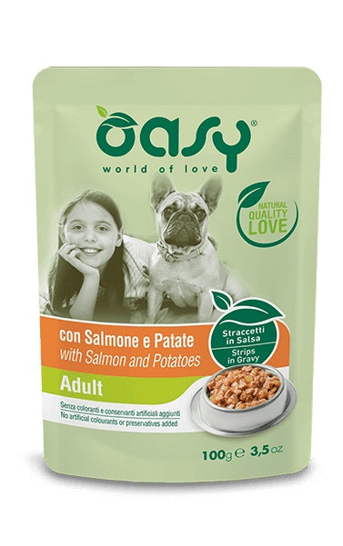 OASY CANE STRACCETTI IN SALSA ADULTO SALMONE & PATATE 100 GR