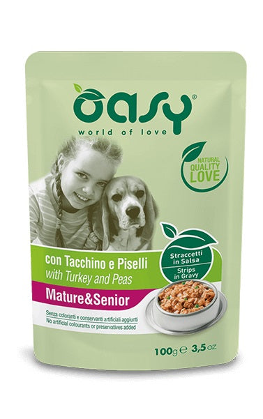 OASY CANE STRACCETTI IN SALSA MATURE&SENIOR TACCHINO & PISELLI 100 GR