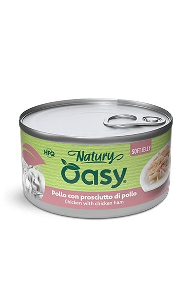 OASY GATTO NATURY SOFT JELLY IN LATTINA ADULTO POLLO & PROSCIUTTO DI POLLO 85 GR