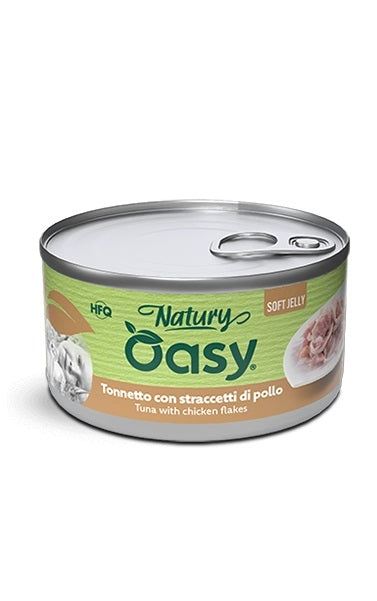 OASY GATTO NATURY SOFT JELLY IN LATTINA ADULTO TONNETTO & STRACCETTI DI POLLO 85 GR