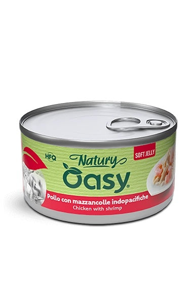 Oasy Gatto Natury Soft Jelly in Lattina Adulto Pollo & Mazzancolle Indopacifiche 150 g