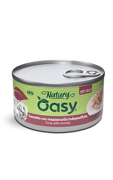 Oasy Gatto Natury Soft Jelly in Lattina Adulto Tonnetto & Mazzancolle Indopacifiche 150 g