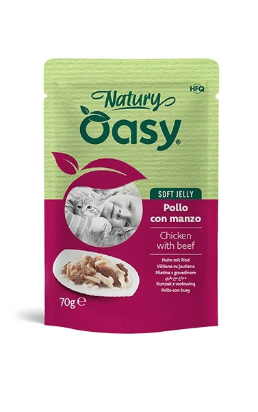 OASY GATTO NATURY SOFT JELLY IN BUSTA ADULTO POLLO & MANZO 70 GR