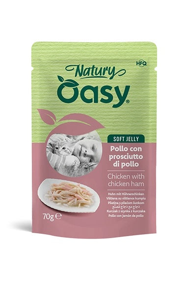 OASY GATTO NATURY SOFT JELLY IN BUSTA ADULTO POLLO & PROSCIUTTO DI POLLO 70 GR