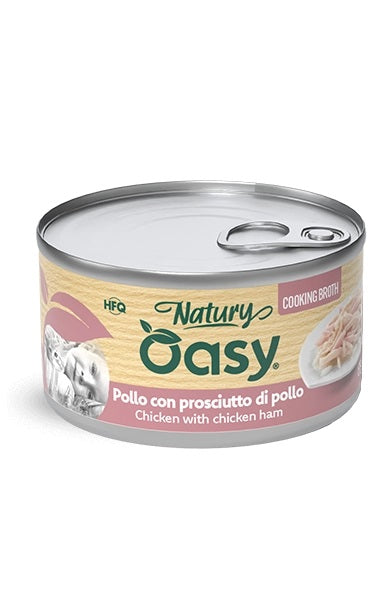 Oasy Gatto Natury Lattina in Brodo di Cottura Adulto Pollo & Prosciutto di Pollo 85 g