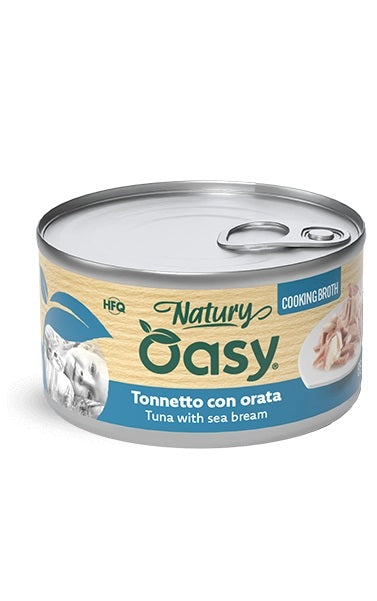 Oasy Gatto Natury Lattina in Brodo di Cottura Adulto Tonnetto & Orata 85 g