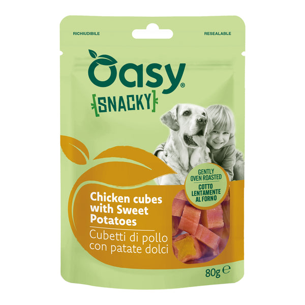 OASY CANE SNACK SNACKY CUBETTI POLLO & PATATE DOLCI BUSTA 80 GR