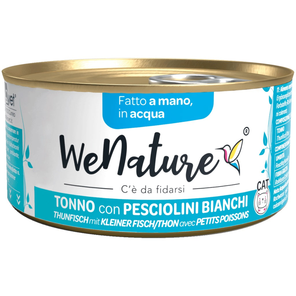WENATURE GATTO LATTINA IN ACQUA DI COTTURA ADULTO TONNO & PESCIOLINI BIANCHI 85 GR alimento per cani e gatti | Pet Care Italia