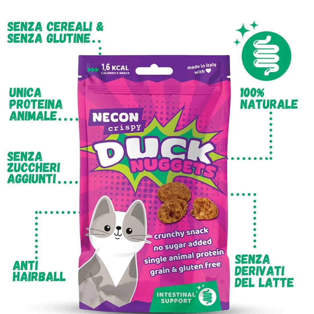NECON CRISPY GATTO SNACK DUCK NUGGETS INTESTINAL SUPPORT 85 GR