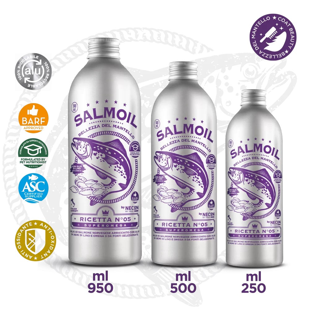 SALMOIL RICETTA N°5 - SUPEROMEGA BELLEZZA DEL MANTELLO - OLIO DI SALMONE NORVEGESE ARRICCHITO CON OLIO DI SEMI DI LINO E OMEGA 3 DA FONTI SELEZIONATE 500 ML