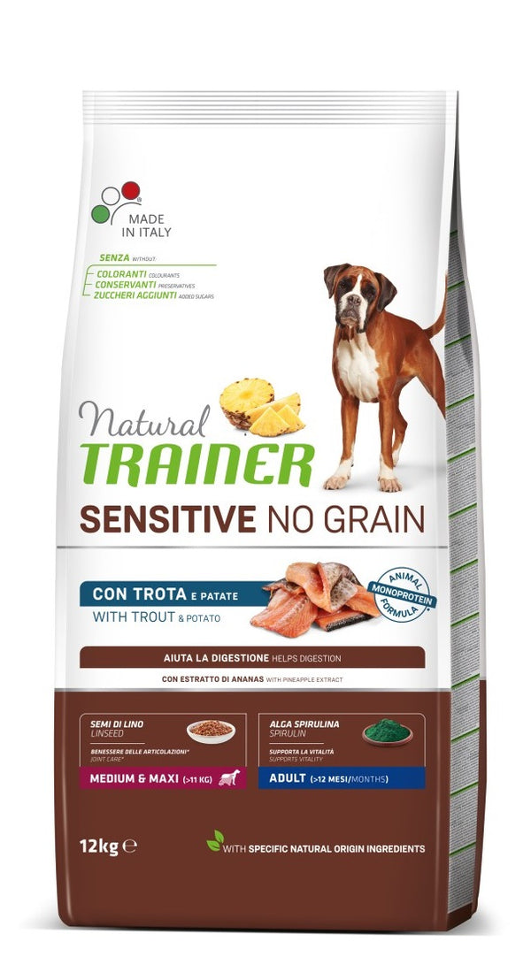 TRAINER CANE NATURAL SENSITIVE NO GRAIN ADULTO MEDIUM&MAXI TROTA 12 KG