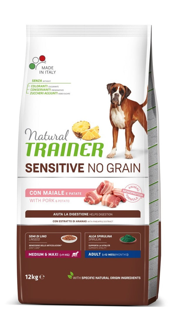 TRAINER CANE NATURAL SENSITIVE NO GRAIN ADULTO MEDIUM&MAXI MAIALE 12 KG