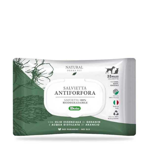 NATURAL DERMA PET SALVIETTA "ANTIFORFORA" CF. (35 PZ) OLIO ESSENZIALE DI GERANIO & ACQUA DISTILLATA DI ARANCIO