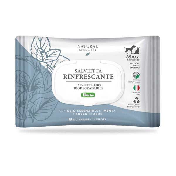 NATURAL DERMA PET SALVIETTA "RINFRESCANTE" CF. (35 PZ) OLIO ESSENZIALE DI MENTA & SUCCO DI ALOE