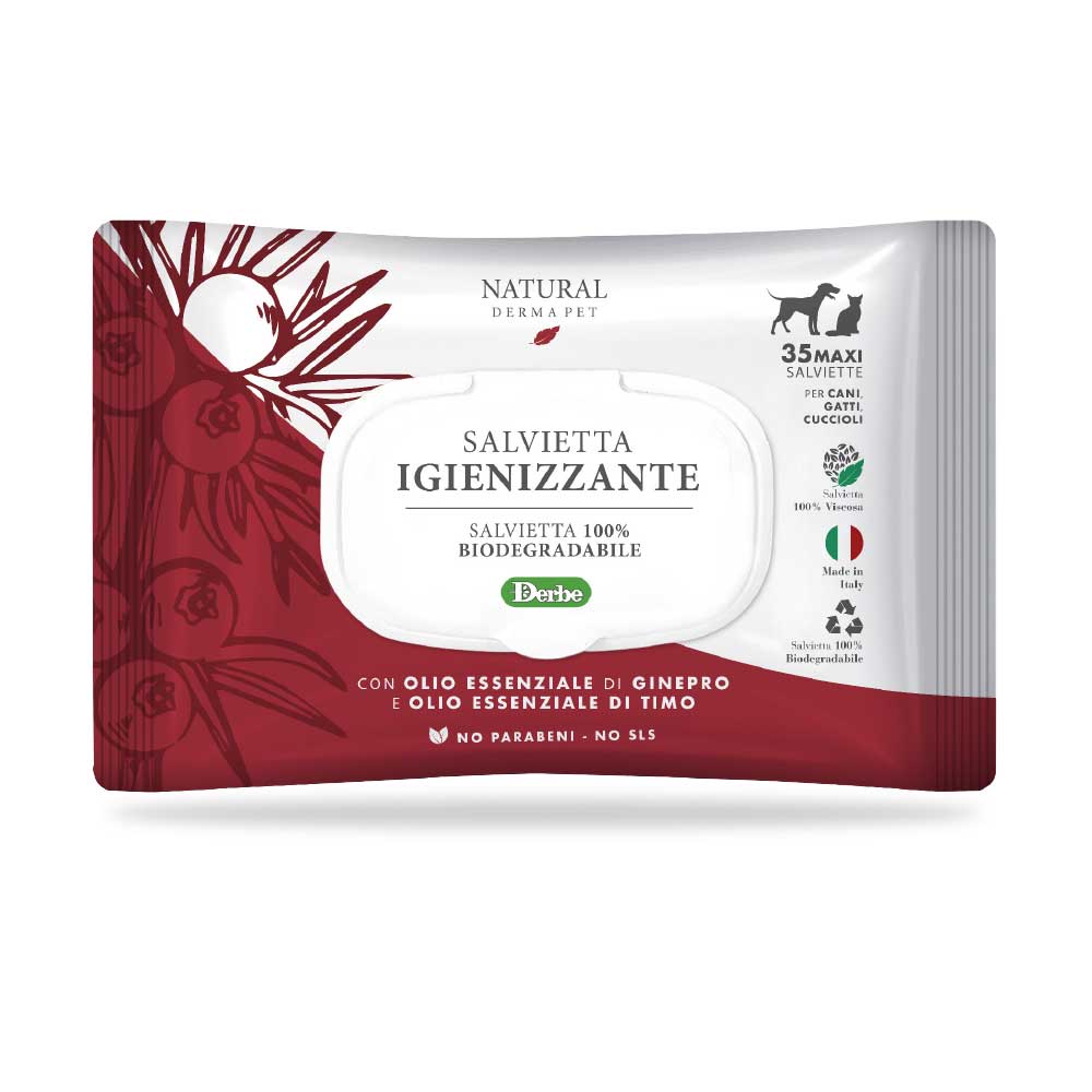 NATURAL DERMA PET SALVIETTA "IGIENIZZANTE" CF. (35 PZ) OLIO ESSENZIALE DI GINEPRO & OLIO ESSENZIALE DI TIMO