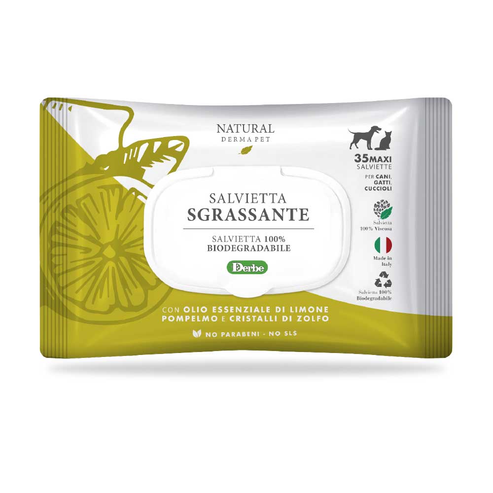NATURAL DERMA PET SALVIETTA "SGRASSANTE" CF. (35 PZ) OLIO ESSENZIALE DI LIMONE POMPELMO & CRISTALLI DI ZOLFO