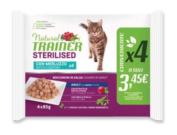 TRAINER GATTO NATURAL ADULTO STERILIZZATO MERLUZZO FLOWPACK CF. (4x85) GR