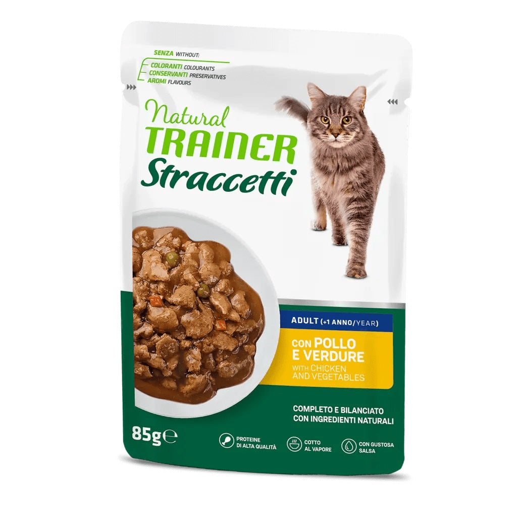 TRAINER GATTO NATURAL STRACCETTI ADULTO POLLO & VERDURE 85 GR