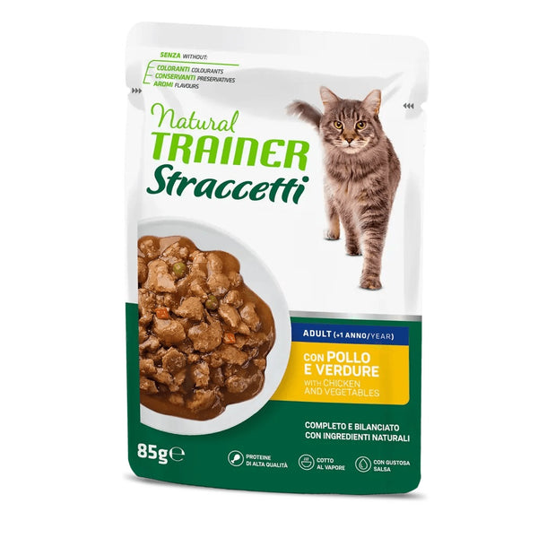 TRAINER GATTO NATURAL STRACCETTI ADULTO POLLO & VERDURE 85 GR