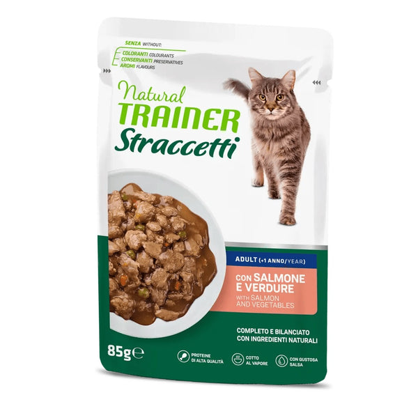 TRAINER GATTO NATURAL STRACCETTI ADULTO SALMONE & VERDURE 85 GR