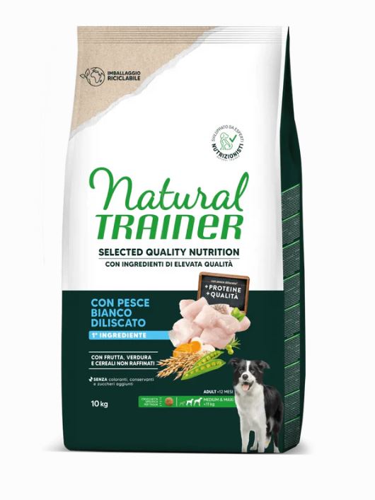 TRAINER CANE NATURAL SQN ADULTO MEDIUM&MAXI PESCE BIANCO 10 KG