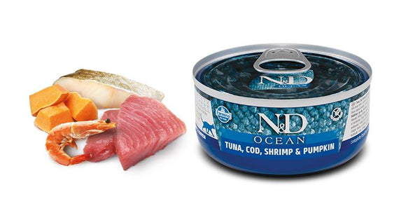 FARMINA GATTO N&D OCEAN ADULTO TONNO, MERLUZZO, GAMBERETTI & ZUCCA LATTINA 70 GR